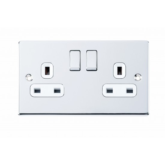 D-S132DPS-PCW 2 Gang DP Switched Socket Twin Earths White Insert Polished Chrome